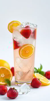Refreshing beverage with strawberries and lemons showcased against a simple background photo