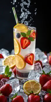 Refreshing fruit-infused drink with strawberries and lemons served over ice in dark setting photo