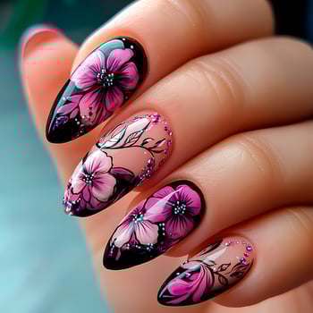 Female hand with black and purple nail design. Manicure on nails. photo