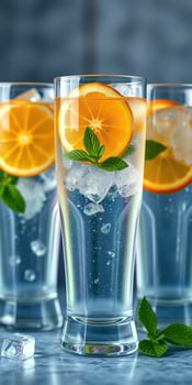 Refreshing summer drinks with slices of orange and mint leaves in tall glasses filled with ice photo