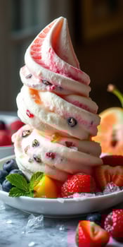Sweet and colorful frozen dessert topped with fresh fruits in a cozy cafe setting photo
