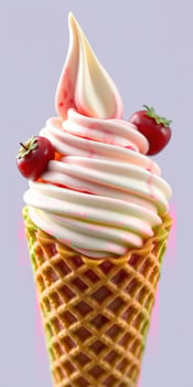Colorful ice cream cone with cherry toppings and swirls of pink syrup on a light background photo