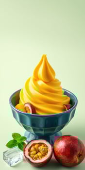 Smooth and creamy mango soft serve displayed in a blue bowl with fresh fruits and mint leaves on light background photo