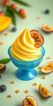 Delicious tropical sorbet served in a blue bowl with fresh fruits displayed around it photo