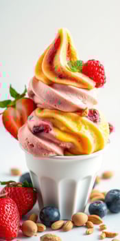 Colorful dessert swirl with fresh strawberries and raspberries in a white bowl on a light background photo