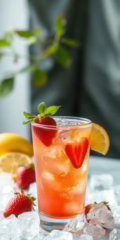 Refreshing summer drink with strawberries and lemon on ice at a cheerful gathering photo