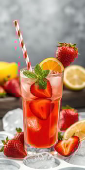 Refreshing summer drink with strawberries and lemons garnished with mint in a glass on a wooden table photo