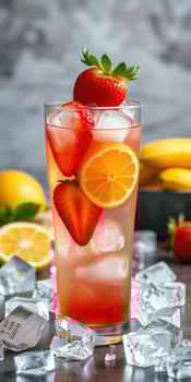 Refreshing strawberry lemonade cocktail with fresh fruit served on ice at a vibrant gathering photo