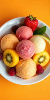 Colorful fruit sorbet served in a bowl with vibrant tropical fruits photo
