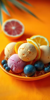 Vibrant arrangement of ice cream scoops with fresh citrus fruits and berries on a bright orange background photo