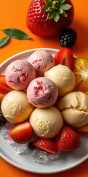Delicious ice cream scoops served with fresh fruit on a vibrant orange background for a summer dessert delight photo