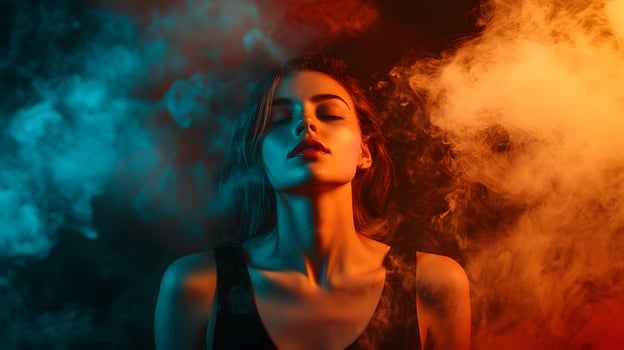 A woman is standing in front of a wall of smoke photo