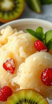 Delightful sorbet with fresh garnishes served in a bowl during a sunny day photo
