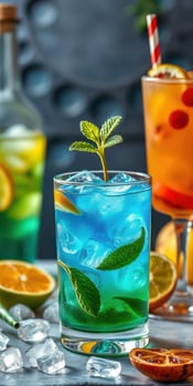 Refreshing tropical cocktails with vibrant colors and fresh garnish served with fruit slices in a lively setting photo