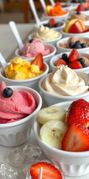 Colorful assortment of frozen desserts with fresh fruit toppings displayed appealingly at a dessert shop photo