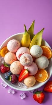 Colorful dessert bowl filled with various ice cream flavors and fresh fruit on a vibrant purple background photo