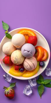 Colorful assortment of ice cream scoops with fresh fruit served in a bowl on a vibrant background photo