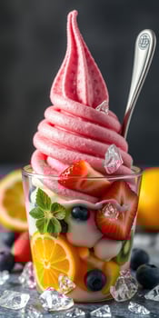 Delicious fruit parfait topped with creamy pink soft serve and fresh garnishes at a dessert bar photo
