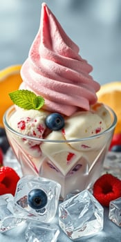 Delicious dessert with creamy ice cream topped with pink swirl and fresh berries served in a glass bowl photo