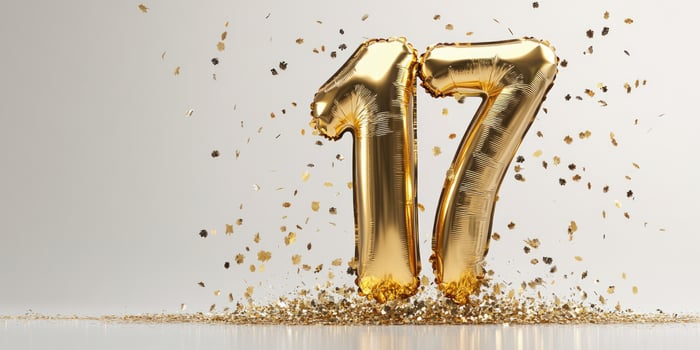 Glossy gold number 17 balloon celebration with glittering confetti for party decorations photo