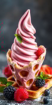 Delicious soft serve ice cream in a unique cookie cone garnished with fresh berries photo