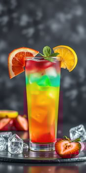 Colorful layered drink with fresh fruit garnishes served on a dark surface photo