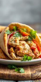 Delicious chicken wrap with fresh vegetables served on a plate during a warm afternoon photo