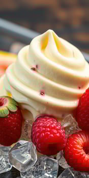 Stunning dessert featuring creamy soft serve ice cream topped with fresh raspberries and icy garnish served in a vibrant bowl photo