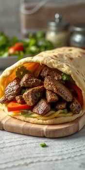 Delicious grilled meat wrapped in pita with fresh vegetables and herbs served on a wooden board photo