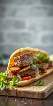 Delicious meat sandwich with fresh vegetables and herbs served on wooden board photo