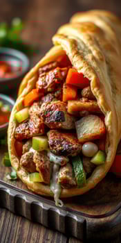 Tasty wrap filled with grilled chicken, fresh vegetables, and sauces at a rustic table setting photo