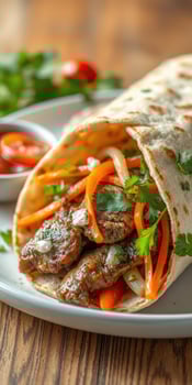 Delicious grilled meat wrap filled with vegetables and fresh herbs on a wooden table during lunchtime photo