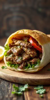 Savory grilled meat wrapped in warm flatbread with fresh vegetables and herbs served on wooden board photo