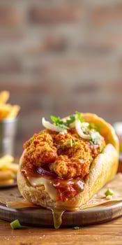 Fried chicken sandwich topped with sauce and garnished with onions and herbs served with fries photo