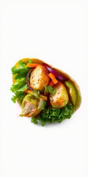 Delicious vegetable wrap featuring fresh greens, colorful peppers, and crispy baked components sits against a white background photo