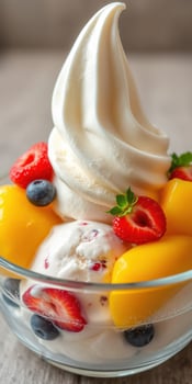 Delicious dessert featuring creamy soft-serve ice cream topped with fresh fruits served in a clear glass bowl photo