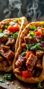 Delicious grilled chicken wraps served with fresh toppings and garnishes in a casual dining setting photo