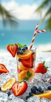 Refreshing fruit cocktail served over ice with ocean view during a sunny day photo