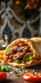 Delicious grilled chicken wrap served with crispy fries in a vibrant dining setting during the evening photo