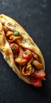 Delicious grilled chicken wrap filled with fresh vegetables and herbs on a dark background photo