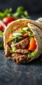 Delicious wrap filled with grilled meat, fresh vegetables, and herbs prepared in a cozy kitchen setting photo