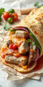 Delicious wrap filled with savory ingredients and vibrant sauce ready to be enjoyed for lunch photo