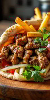Delicious pita filled with grilled meat, fresh vegetables, and crispy fries served at a vibrant street food market photo