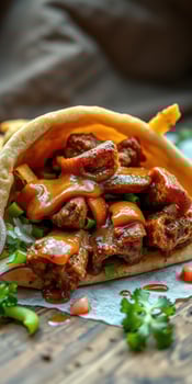 Savory taco filled with seasoned meat, fresh vegetables, and tangy sauce served on a rustic wooden table photo