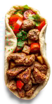 Delicious wrap filled with seasoned meat, fresh vegetables, and herbs served in a flatbread photo