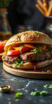 Juicy burger with fresh vegetables on a wooden plate in a cozy restaurant setting photo