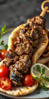 Grilled kebabs served with fresh tomatoes and pita bread in a vibrant setting photo
