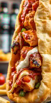 Delicious chicken wrap with sauce and vegetables served in a warm flatbread at a lively restaurant photo