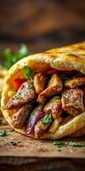 Delicious grilled chicken wrap loaded with fresh vegetables and herbs on a rustic wooden table photo