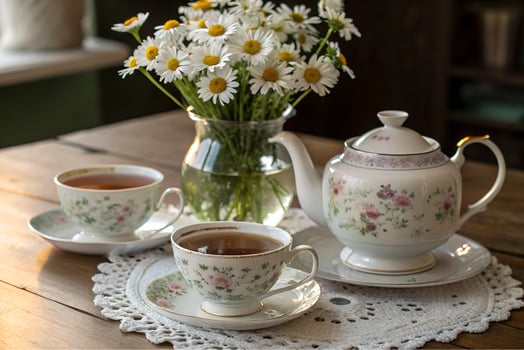 Pair of ceramic teapots with hot tea on a wooden counter with vase of daisies photo